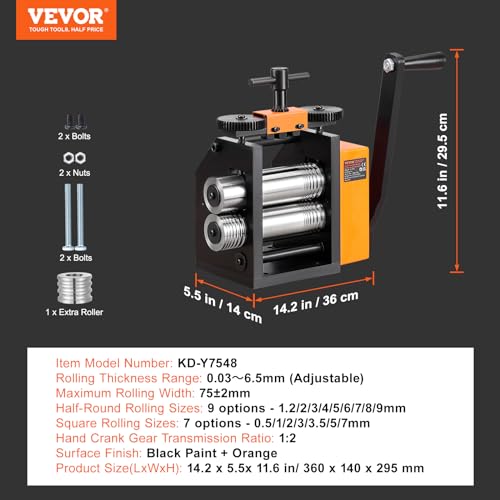 VEVOR Rolling Mill, 2.95"/75 mm Jewelry Rolling Mill Machine, 1: 2 Gear Ratio, 3-in-1 Multi-Function Rolling Mill, 0.03-6.5mm Press Thickness for Metal Jewelry Making Sheet Square Wire Semicircle