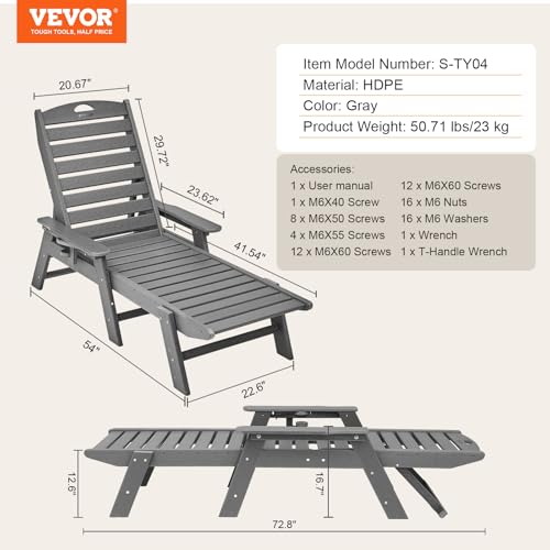 VEVOR Chaise Lounge Chair, 204 kg Weight Capacity, Adjustable Patio Lounge Chair for Outdoor with 6 Positions Backrest, HDPE Lounge Chair with Cup Holder for Pool Poolside Deck Backyard Lawn, Gray