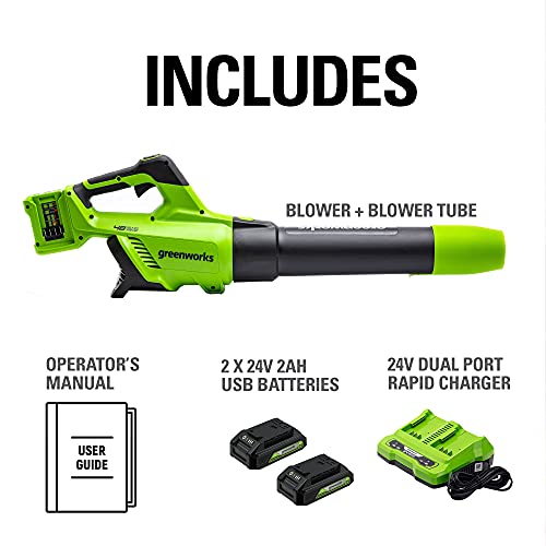 Greenworks 48V (2 x 24V) Cordless Axial Blower (515 CFM / 125 MPH), (2) 2.0Ah Batteries and Dual Port Charger with 24V Pole Saw