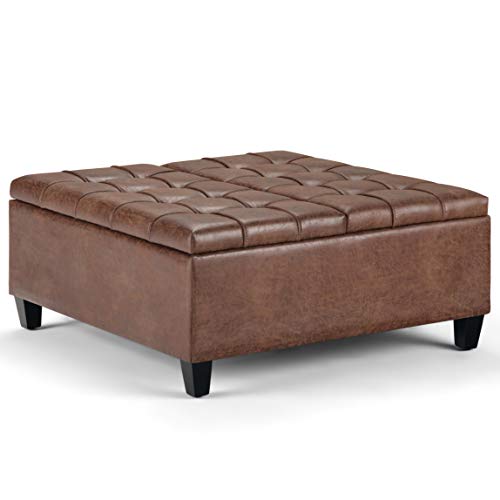 SIMPLIHOME Harrison 36 inch Wide Square Coffee Table Lift Top Storage Ottoman in Upholstered Distressed Umber Brown Tufted Faux Leather for the Living Room,