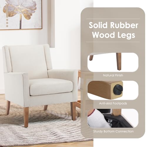 COLAMY Modern Wingback Living Room Chair, Upholstered Fabric Accent Armchair, Single Sofa Chair with Lounge Seat and Wood Legs for Bedroom/Office/Reading Spaces, Beige