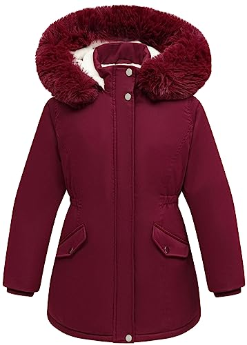 MOERDENG Girl's Outerwear Coats Winter Long Warm Parka Waterproof Lightweight Hooded Puffer Jacket, Claret06, 7-8