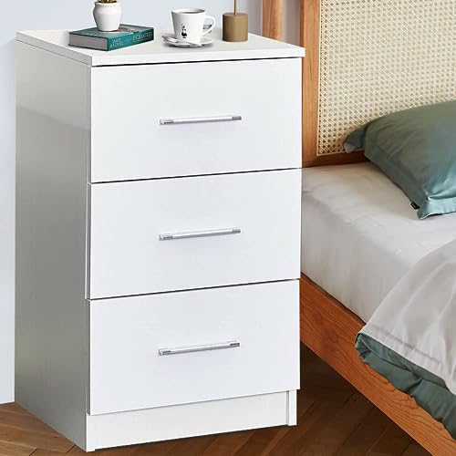 ADVWIN White Bedside Table with 3 Drawers, Modern Wooden Nightstand for Bedroom and Living Room, Office Storage Cabinet(38x35x66CM)