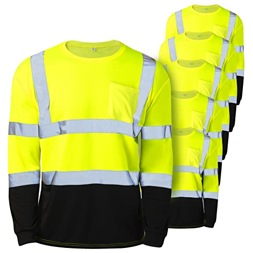 Zhanmai 6 Pack High Visibility Shirts Class 3 Reflective Safety Hi Vis Shirt Long Sleeve Wicking Safety Shirt with Pocket, Yellow, X-Large