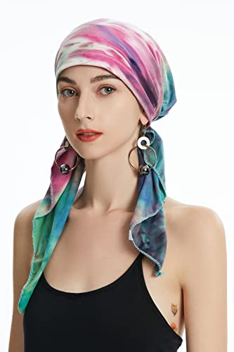 Chemo Headwear Pre Tied Head Scarf Headwraps Lightweight Turban Beanie Cap for Women (Tie Dye Green)