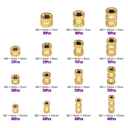 NUZAMAS 370 Pieces Threaded Insert Nut M2 M3 M4 M5 Internal Thread Knurled Nuts Brass Embedded Nuts for Plastic Parts in 3D Printed Parts