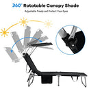 Giantex Outdoor Sun Lounger Bed, Folding Lounge Chaise Reclining Deck Chair, 5 Adjustable Back Positions, 360° Rotatable Canopy, Side Pocket, Portable Camping Beach Recliner for Sunbathing (Black)