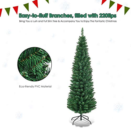 Giantex, Green Artificial Pencil Christmas, Premium Hinged Pine Tree with Solid Metal Legs, Perfect for Home, Shops and Holiday Decoration, (5FT) (Artificial Pencil Christmas Tree)