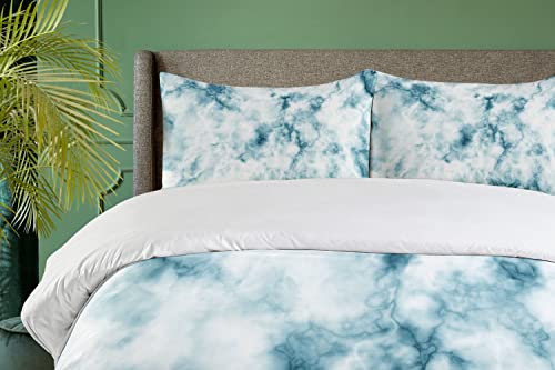Ambesonne Apartment Decor Duvet Cover Set, Fluffy Cloud Skyline Like Marble Motif with Grunge Features Art Image, 3 Piece Bedding Set with Pillow Shams, Queen/Full, Turquoise