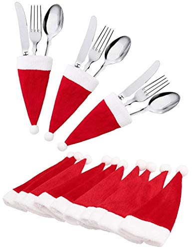 10 Pcs Christmas Santa Hats Silverware Holders Wine Bottle Cover, MH MOIHSING Christmas Cutlery Holders for Xmas Party Dinner Table Dinnerware Decorations and Flatware Organizers Decor Supplies