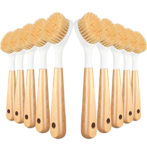 10 Pack Dish Brush with Bamboo Handle Dish Scrubber Built-in Scraper Wood Kitchen Scrub Brush Dishwashing Brush Dish Cleaning Brush Dish Cleaner Brush for Cleaning Sink Pot Pan, 9.8 x 2.3 x 1.4 Inch