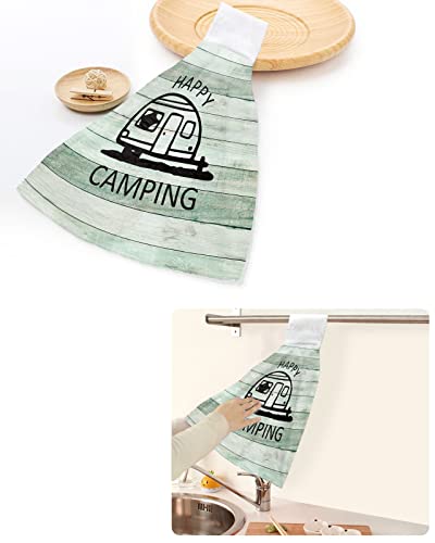 1 PCS Kitchen Hand Towels, Cartoon Camper Happy Camping Soft Plush Hanging Tie Towels with Loop for Kitchen Bathroom Dish Cloth Tea Bar Towel Green Wooden Stripes Grain