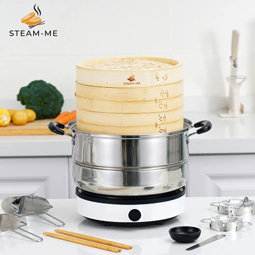 10 Inch Bamboo Steamer Basket with Steamer Ring- Steaming Basket for use as Dumpling Steamer, Bao Steamer, Dim Sum Steamer, Bun Steamer Basket Bamboo- Includes 2 Dumpling Maker Molds, 40 Liners & More