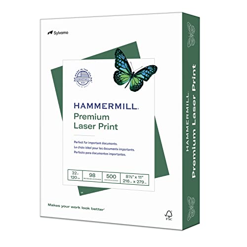 Hammermill Premium Laser Print 32lb Copy Paper, 8.5 x 11, 1 Ream, 500 Sheets, Made in USA, Sustainably Sourced from American Family Tree Farms, 98 Bright, Acid Free, Laser Printer Paper, 104646R