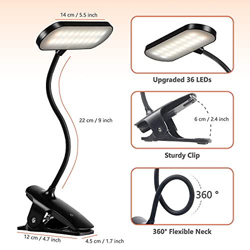 CUHIOY Reading Light, 36 LED Clip On Light for Bed Headboard, 25 Modes Book Light for Reading in Bed, Clip Desk Lamp Battery Operated, USB Rechargeable Reading Lamp for Bed, Bed Lamp with Clamp