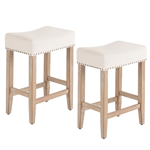 Furniliving Bar Stools Set of 2,25.7 inch Counter Height Bar Stools,Upholstered Kitchen Barstools with Solid Wooden Legs, Saddle Stools for Kitchen Island, Bar, Cafe, Beige