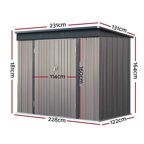 Giantz Garden Shed 2.31x1.31m Brown Storage Box, Greenhouse Home Outdoor Workshop Shelter Tool Shade Green House, Sloped Flat Roof Double Doors Corrosion Resistant