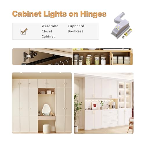 Cupboard Battery Smart Night Light - 10 Set LED Wardrobe Sensor Lights - Kitchen Cabinet Wireless Hinges Lamp for Indoor Closet, Under Cabinet, Cabinets, Student Locker Includes Green Batteries