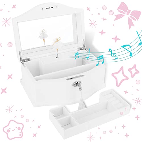 Jozen Gift Wooden Ballerina Musical Jewelry Box with Mirror&Tassel Key for Kids,Girls,Musical Keepsake Gift,Kid's Jewelry Storage Music Box White