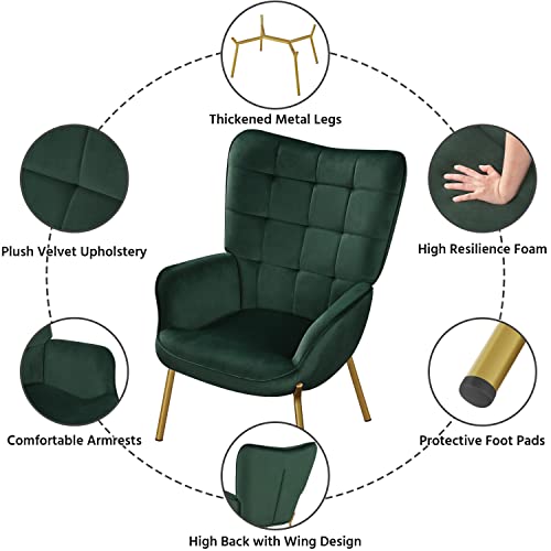 Yaheetech Velvet Armchair, Modern Accent Chair High Back, Living Room Chairs with Golden Metal Legs and Soft Padded, Tufted Sofa Chairs for Home Office/Bedroom/Dining Room, Green