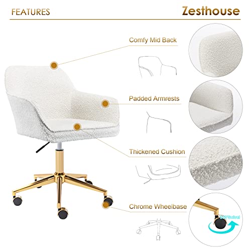 Zesthouse Boucle Home Office Chair Modern Desk Chair with Wheels, White Vanity Chair for Girls Women, Upholstered Swivel Armchair for Bedroom, Height Adjustable Computer Task Chair, Gold Base