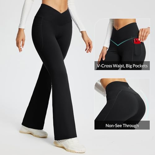 BALEAF Flare Leggings for Women Bootcut Yoga Pants Crossover High Waist Workout Casual Trendy Pants with Pockets Black 29" L