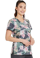 Dickies EDS Women Scrubs Top V-Neck Print DK616, Camo's Abloom, X-Large