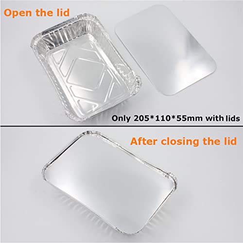 50pcs Foil Trays with Lid, 20.5x11x5.5cm Aluminium Foil Pan Disposable Food Containers Takeaway Box BBQ Oven Baking for Cooking, Heating, Storing(with Lid, 205 * 110 * 55mm /670ml)