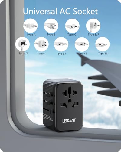 LENCENT Universal Travel Adaptor, 65W GaN International Fast Charger with 2 PD3.0 Type C+2 QC USB A, Worldwide Power Adaptor for Phones,Laptops, All in One Travel Plug Adapter for EU/USA/UK/AU, Black