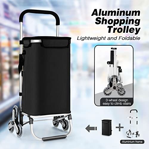 Foldable Shopping Cart Aluminium Shopping Trolley Grocery Bag with Wheels Waterproof Lightweight Utility Cart Tri-Wheel Black 45L