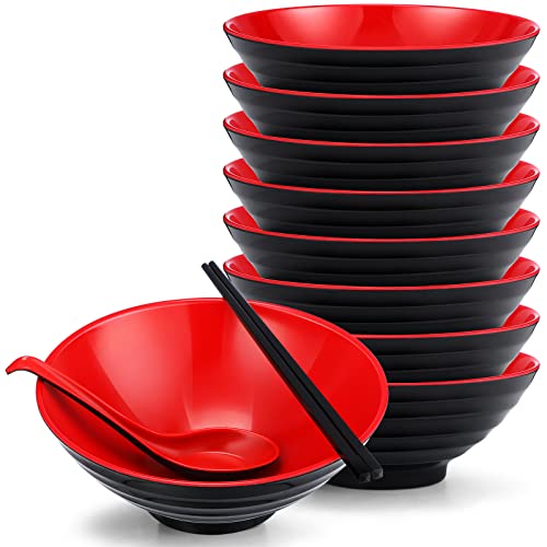 Eaasty 8 Set Ramen Bowl Japanese Style Ramen Bowls Melamine Noodles Bowl Asian Chinese Large Soup Bowls with Spoons and Chopsticks for Pho Udon Soba Asian Dishes Ramen Noodles, Black and Red