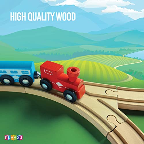 Play22 Wooden Train Tracks - 52 PCS Wooden Train Set + 2 Bonus Toy Trains - Train Sets for Kids - Car Train Toys is Compatible with Thomas Wooden Railway Systems and All Major Brands - Original - by