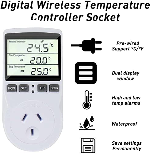Digital Temperature Controller Thermostat Heating and Cooling Mode Outlet Socket with 1.7m Sensor for Carboy Homebrew Fermenter Greenhouse Terrarium 240V 10A 2400W