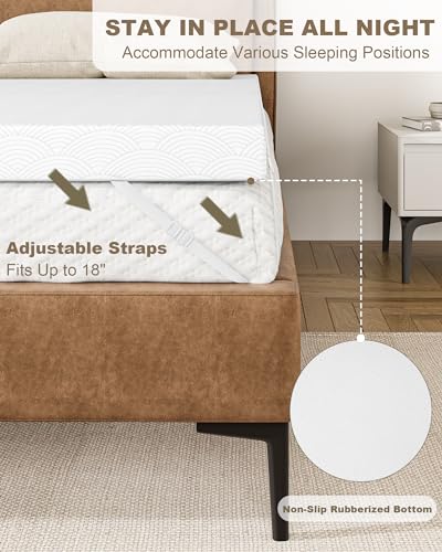 Zenzy 4" Full Extra Long Memory Foam Mattress Topper, [Removable] [Washable] Cover and [Adjustable] Straps, CertiPUR-US Certified Full Extra Long Mattress Topper for Pain Relief- Beige