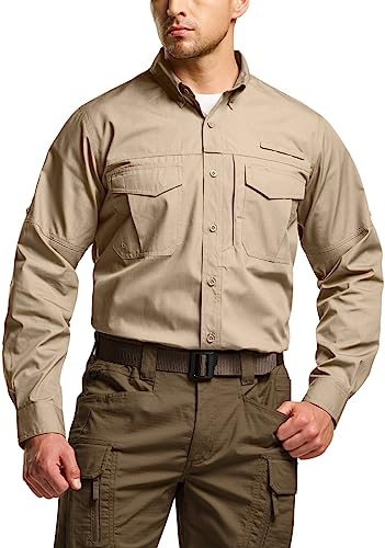 CQR Men's Long Sleeve Work Shirts, Ripstop Military Tactical Shirts, Outdoor UPF 50+ Breathable Button Down Hiking Shirt TOS432-KHK Large