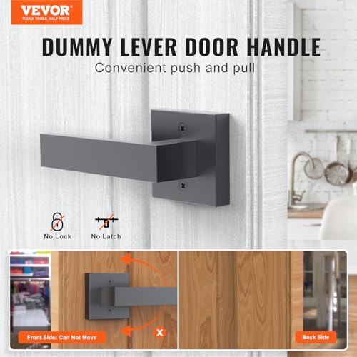 VEVOR Dummy Door Lever, 2 PCS Non-Turning Single Side Push/Pull Handle, Contemporary Square Door Lever Set, Reversible for Right and Left Sided Doors,for Pantry, Closet, and French Doors, Matte Black