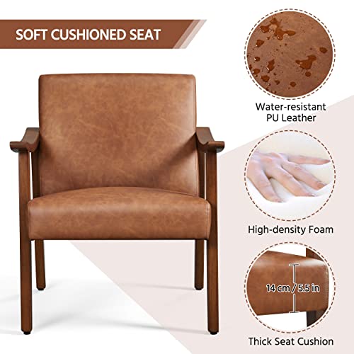 Yaheetech PU Leather Accent Chair, Mid-Century Modern Armchair with Solid Wood Legs, Reading Leisure Chair with High Back for Living Room Bedroom Waiting Room, Set of 2, Brown