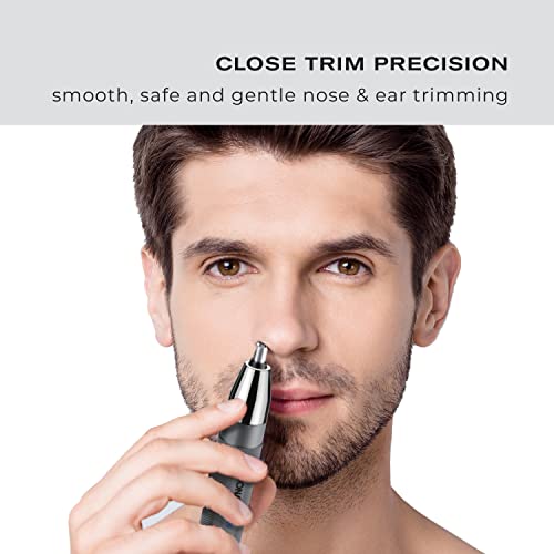 ConairMan Ear, Nose, and Eyebrow Hair Trimmer for Men, Cordless Battery-Powered Trimmer with Professional Metal Handle, Patent 360 Bevel Blade for No Pull, No Snag Trimming Experience