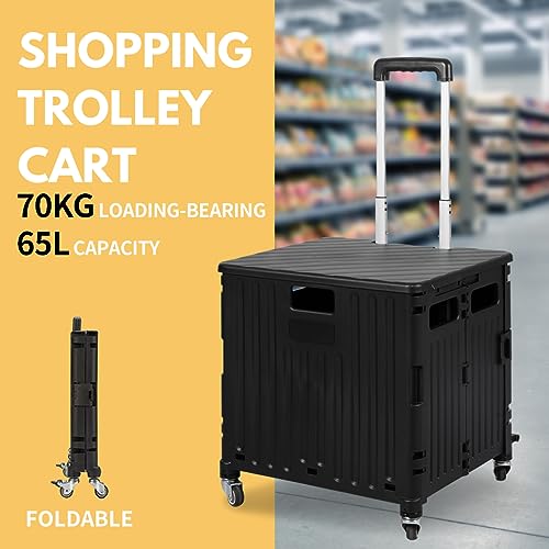 65L Shopping Trolley Cart Foldable Carts with Lid Collapsible Pack & Roll Folding Grocery Basket Crate Portable 4 Wheels Black