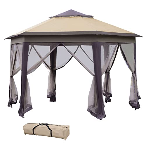 Outsunny 13' x 13' Pop Up Gazebo, Hexagonal Canopy Shelter with 6 Zippered Mesh Netting, Event Tent with Strong Steel Frame for Patio Backyard Garden Wedding Party