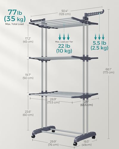 SONGMICS Clothes Drying Rack Stand 4-Tier, Foldable Laundry Drying Rack 67.7-Inch Tall, Stainless Steel, Rolling Clothes Horses Dryer Rack, Easy to Assemble, Indoor Outdoor Use, Gray ULLR701G01