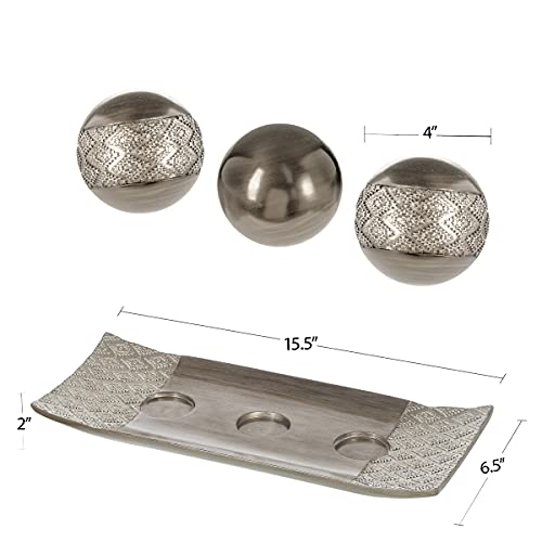 (Brushed Silver) - Dublin Decorative Tray and Orbs/Balls Set of 3, Centrepiece Bowl with Balls decorations Matching, Rustic Decorated Spheres Kit for Living Room or Dining/Coffee Table, Gift Boxed (Brushed Silver)