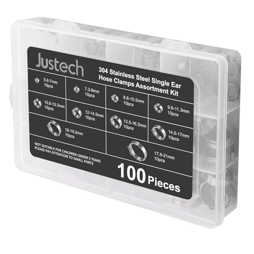 Justech 100pcs 5.8-21mm The Single Ear Stepless Hose Clamps, 304Austenitic Stainless Steel, TUV certification, Seal holes, Clamping Tool Kit