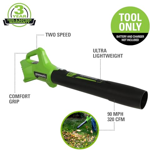 Greenworks 24V (90 MPH / 320 CFM / 125+ Compatible Tools) Cordless Axial Leaf Blower, Tool Only