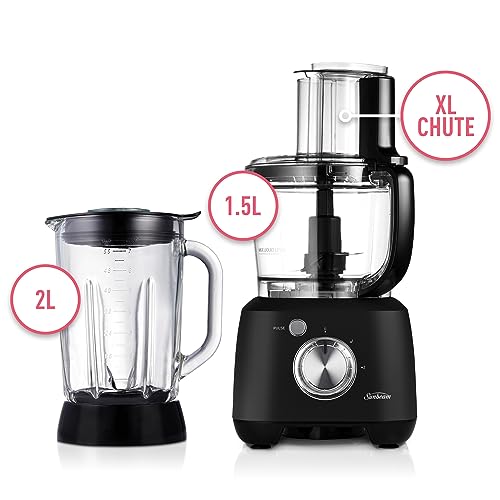 Sunbeam Multi Food Processor Plus | 2-in-1 Blender & Processor, Durable Attachments for 14 Meal Prep Tasks, 2L BPA-Free Bowl, 1.5L Glass Blender Jug for Smoothies, 2 Speeds Plus Pulse, Black,LCP6000BK