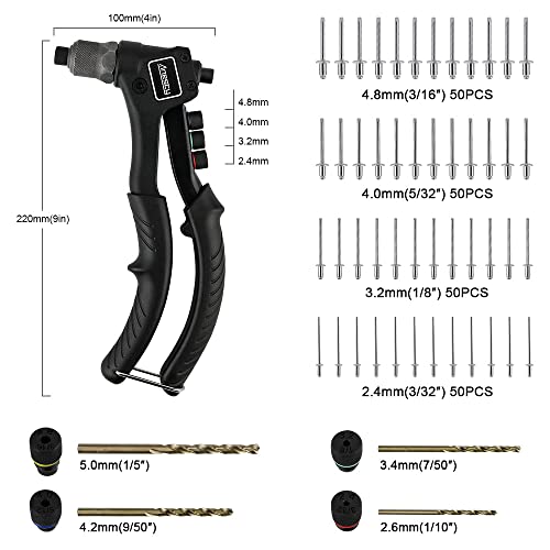 Anesty Rivet Gun Pop Riveter Set, Heavy Duty Hand Riveter Rivet Gun Kit with 200 Aluminum Blind Pop Rivets 2.4mm 3.2mm 4mm 4.8mm, Riveting Gun Tool with 4 HSS Drill Bits and Replaceable Nozzles