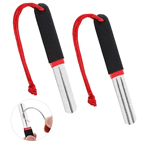 Prasacco Pack of 2 Fish Hook Sharpener, Fishing Hook Grinding Stone, Double Sided Fishing Hook Sharpener, Portable Grinding Tool for Fishing with Handle and Hanging for Outdoor Fishing (Red)