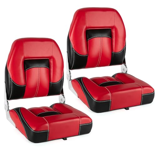 TeBaisea Folding Boat Seats Low Back 2 Pack, Waterproof Fishing Boat Captain Chairs, Stainless Steel Hinges and Microfibre Leather Includes 4 Stainless Steel Screws, Red and Black