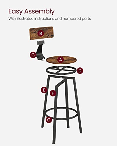 VASAGLE Tall Bar Stools, Set of 2 Bar Chairs, Kitchen Stools with Backrest, Steel Frame, 28.7-Inch High Seat, Easy Assembly, Industrial, Rustic Brown and Black ULBC026B01V1