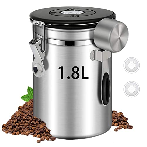 1.8L Coffee Canister, Airtight Coffee Canister with Scoop, Coffee Jar with Built-in Valve, Date Tracker, 2 Spare Filter, Coffee Container for Beans, Ground, Tea, Flour and Sugar Silver